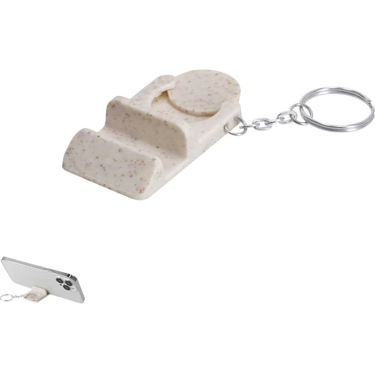 A beige keyring featuring a mini phone holder design, attached to a metal chain.