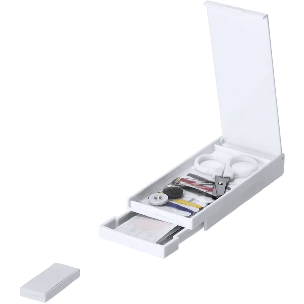 A white multi-tool kit containing various tools, including scissors, a mini screwdriver, and a needle.