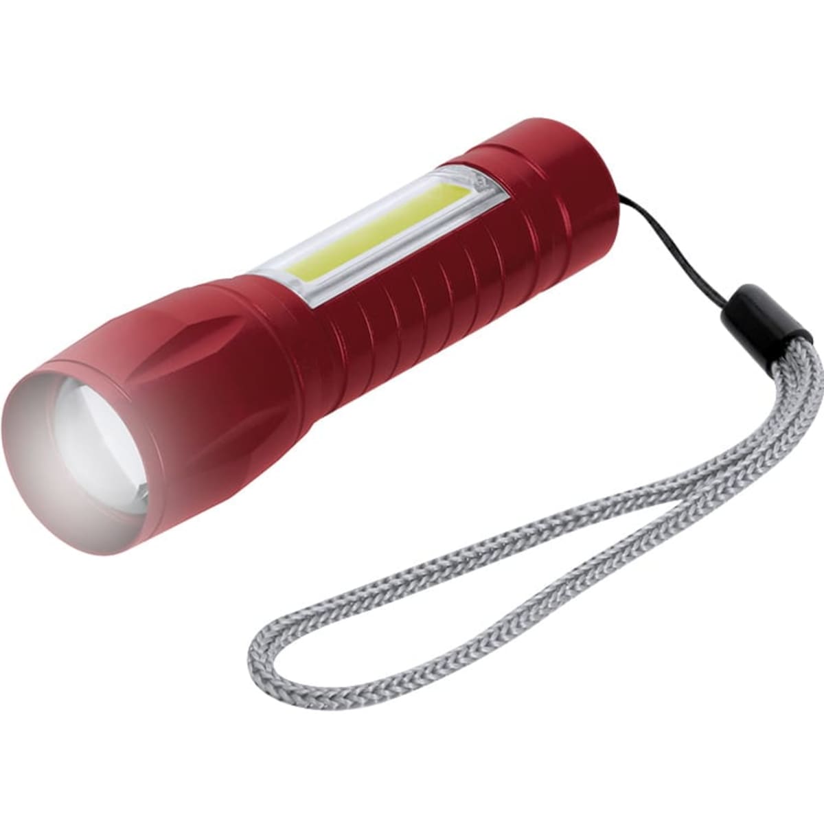 A red torch with a textured grip and a wrist strap, featuring a bright front light and side panel.