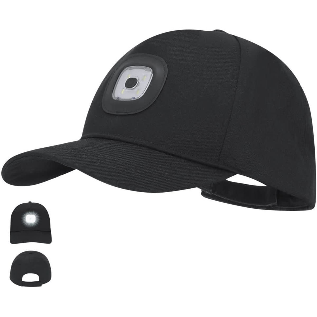 A black cap featuring a built-in light and an adjustable strap at the back. It has a logo on the front.