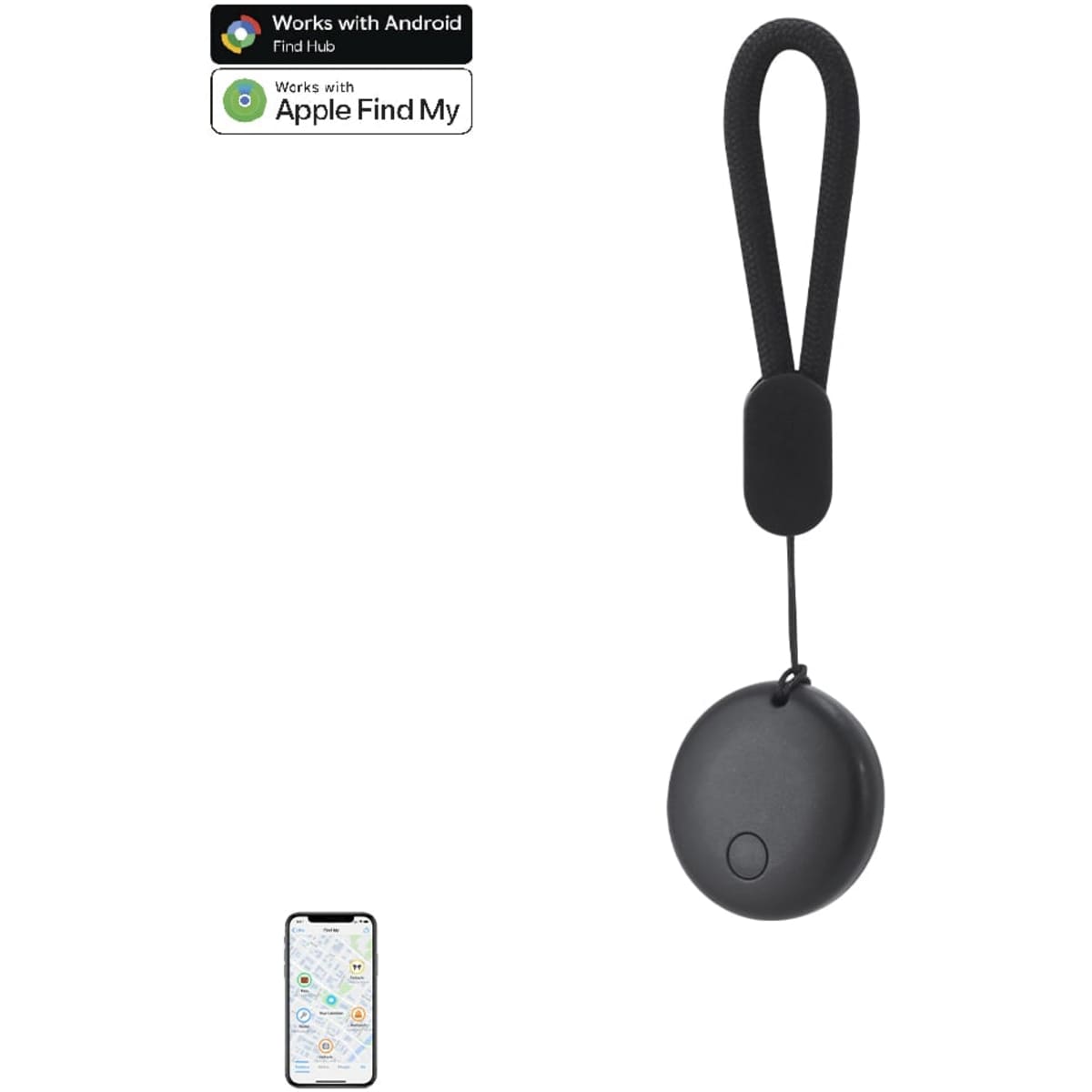 A black tracking device with a strap and a button, designed to work with Android and Apple devices.
