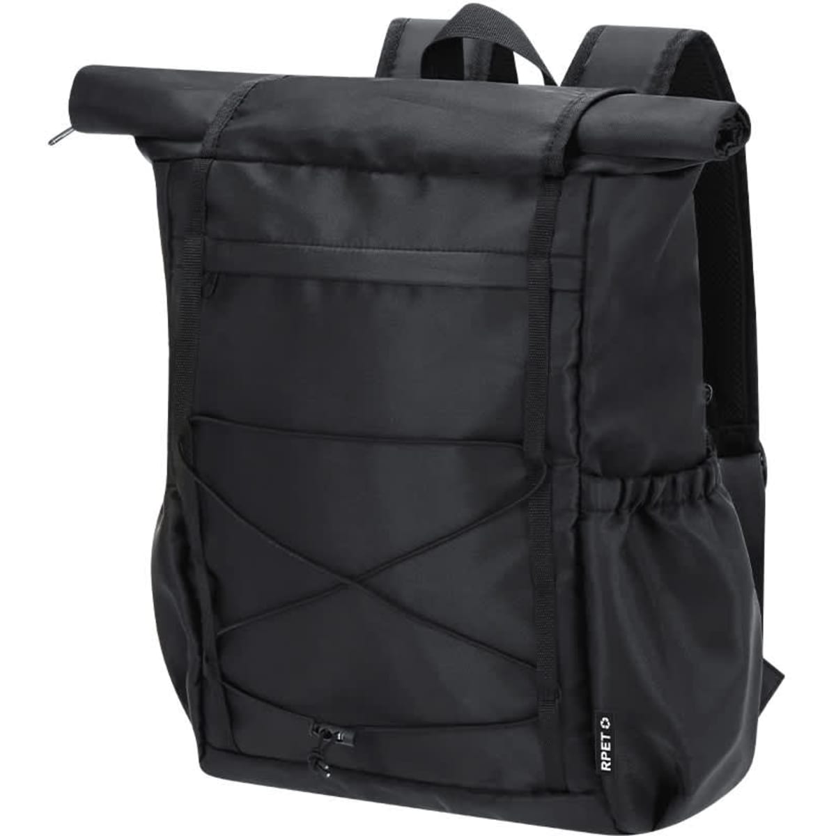 A black Zanjur Backpack featuring a roll-top closure, front pocket, and side mesh pocket. Includes branding.