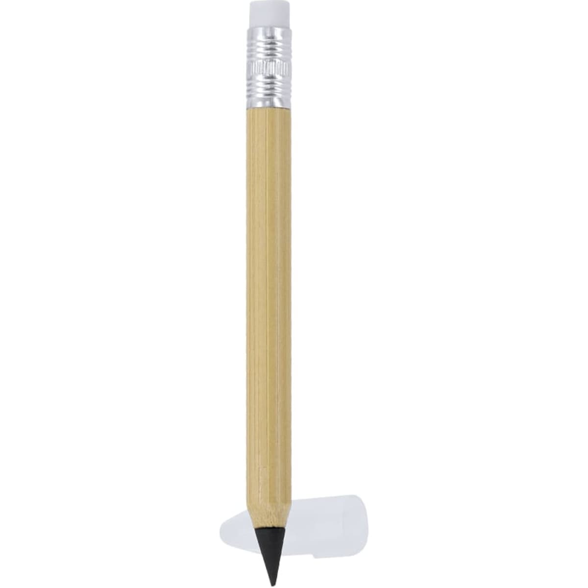 A bamboo pencil with a silver ferrule and eraser, featuring a sharpened black lead tip.