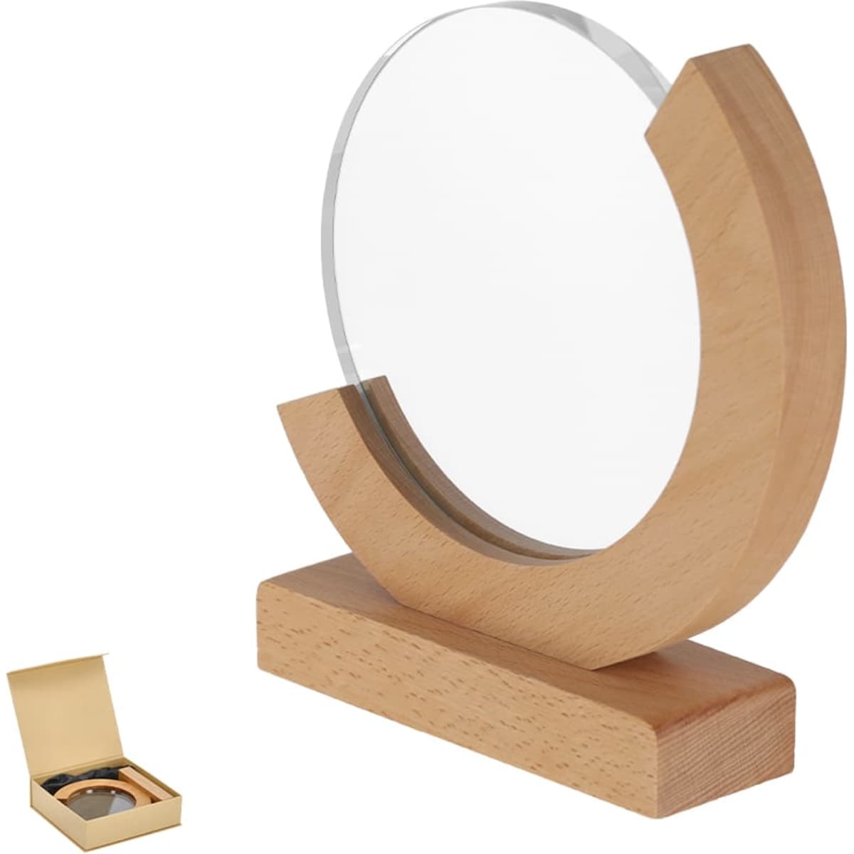 A wooden trophy with a circular glass insert, displayed on a wooden base, accompanied by a gift box.