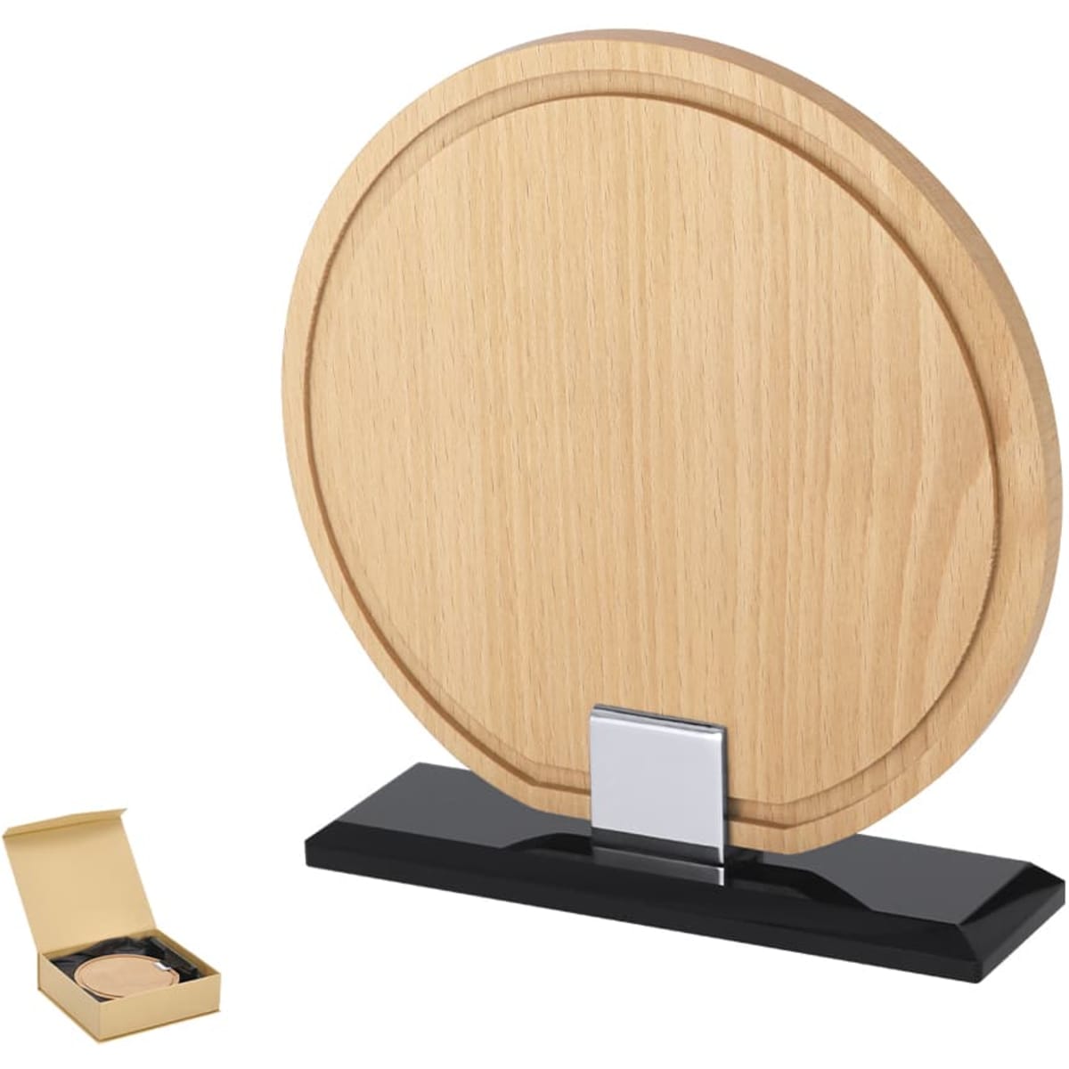 A wooden circular plaque with a black base and a metal holder, displayed alongside a gift box.