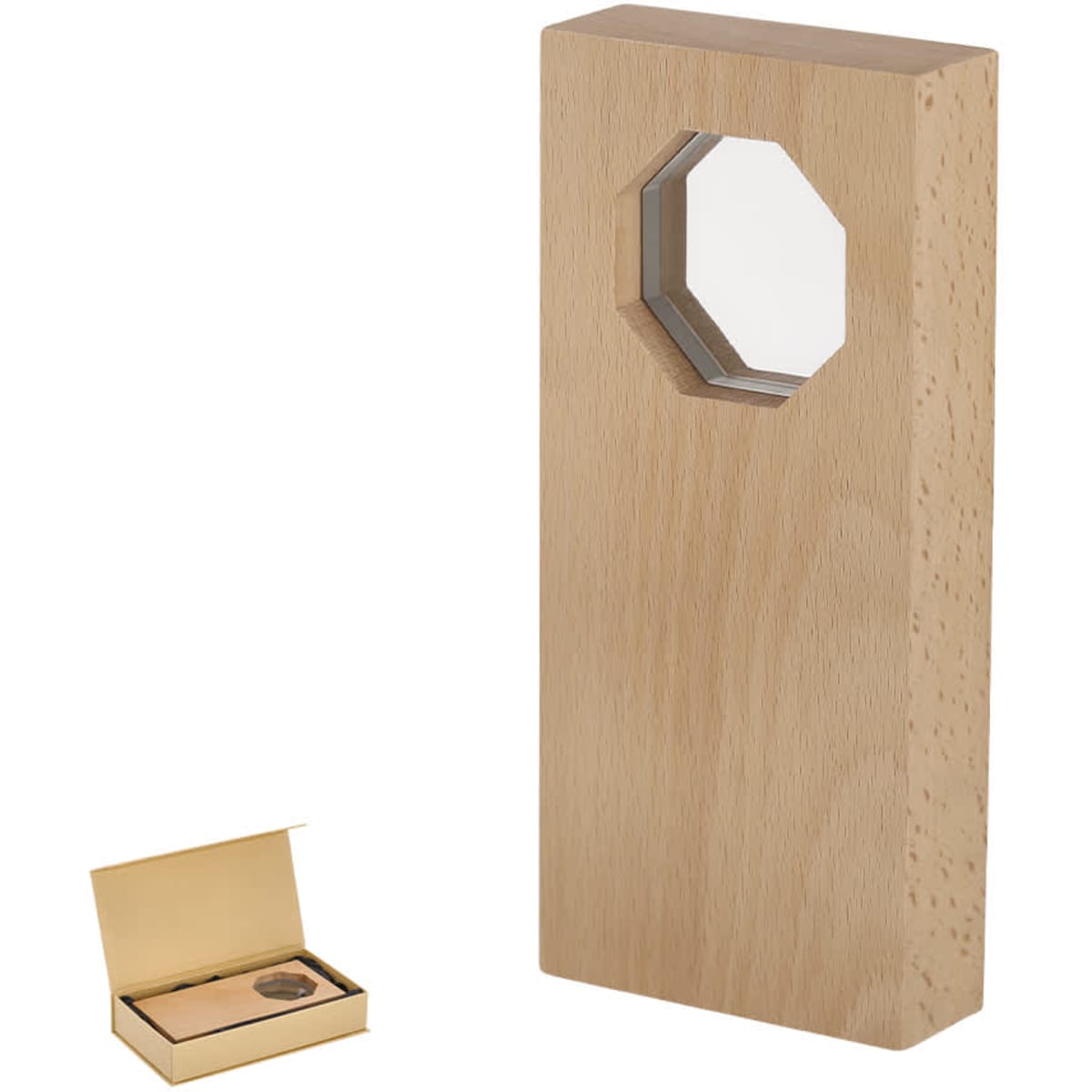 A wooden trophy with an octagonal mirror inset, accompanied by a small gift box. The wood is a natural beige colour.
