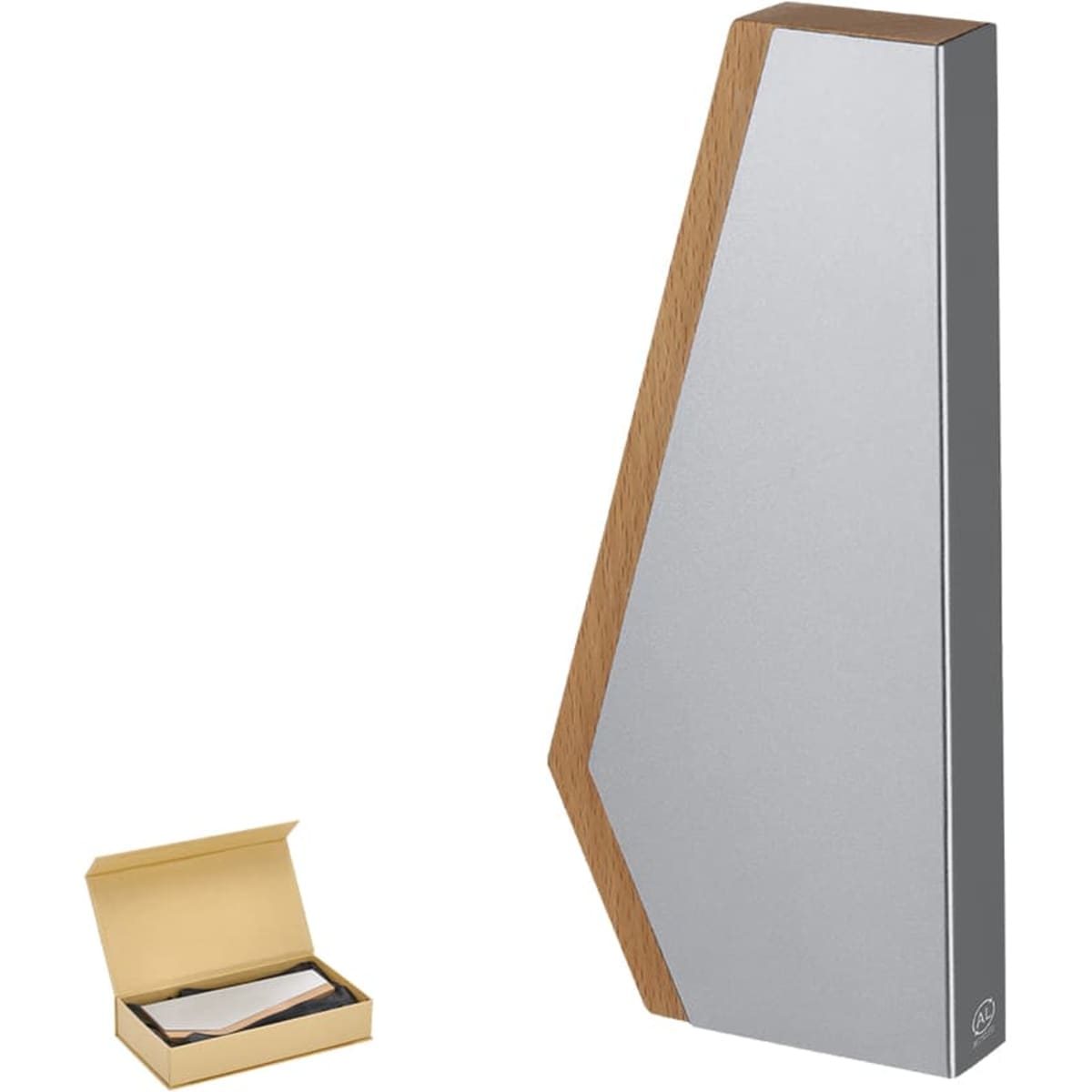 A sleek silver trophy with a wooden accent, displayed beside an elegant gold box.