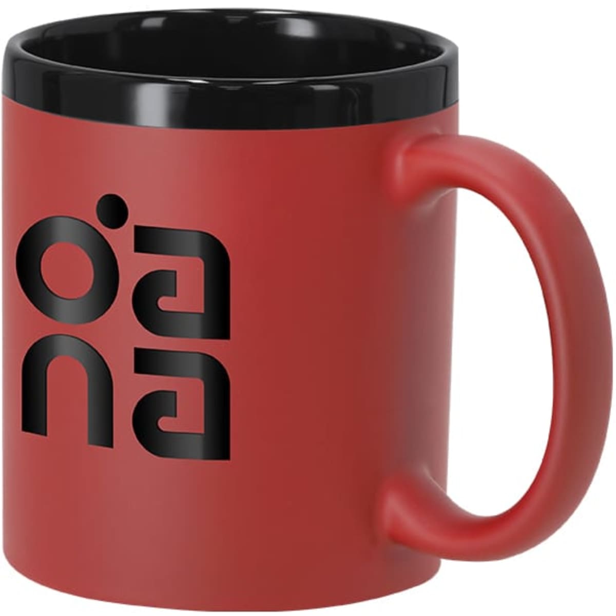 A red coffee mug with a black interior and a handle, featuring a logo on the side.