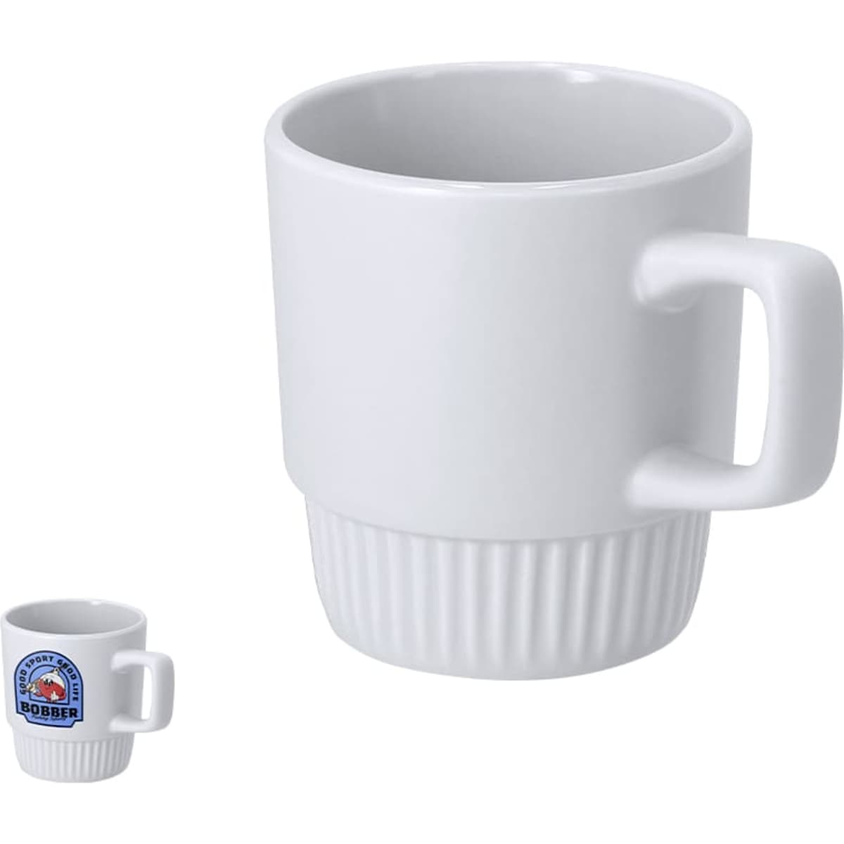 A white coffee mug with a ribbed base and a handle, featuring a logo on one side.