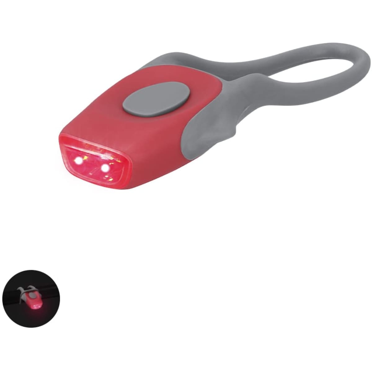 A red and grey bike light set with two LED lights and a grey handle for easy attachment.