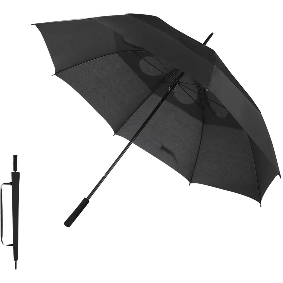 A black Narnor umbrella with a sleek design, featuring a logo and a compact handle for easy carrying.