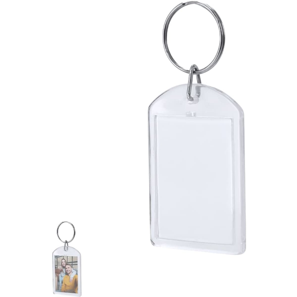 A clear acrylic keyring with a circular metal ring, designed to hold a photo or insert.