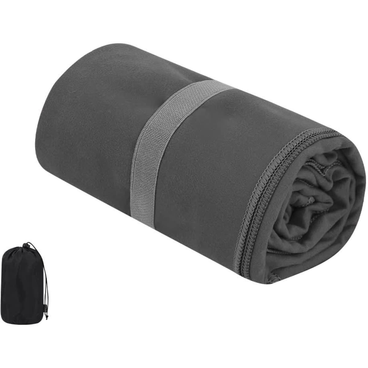 A rolled grey cooling towel secured with a band, alongside a compact carrying bag.