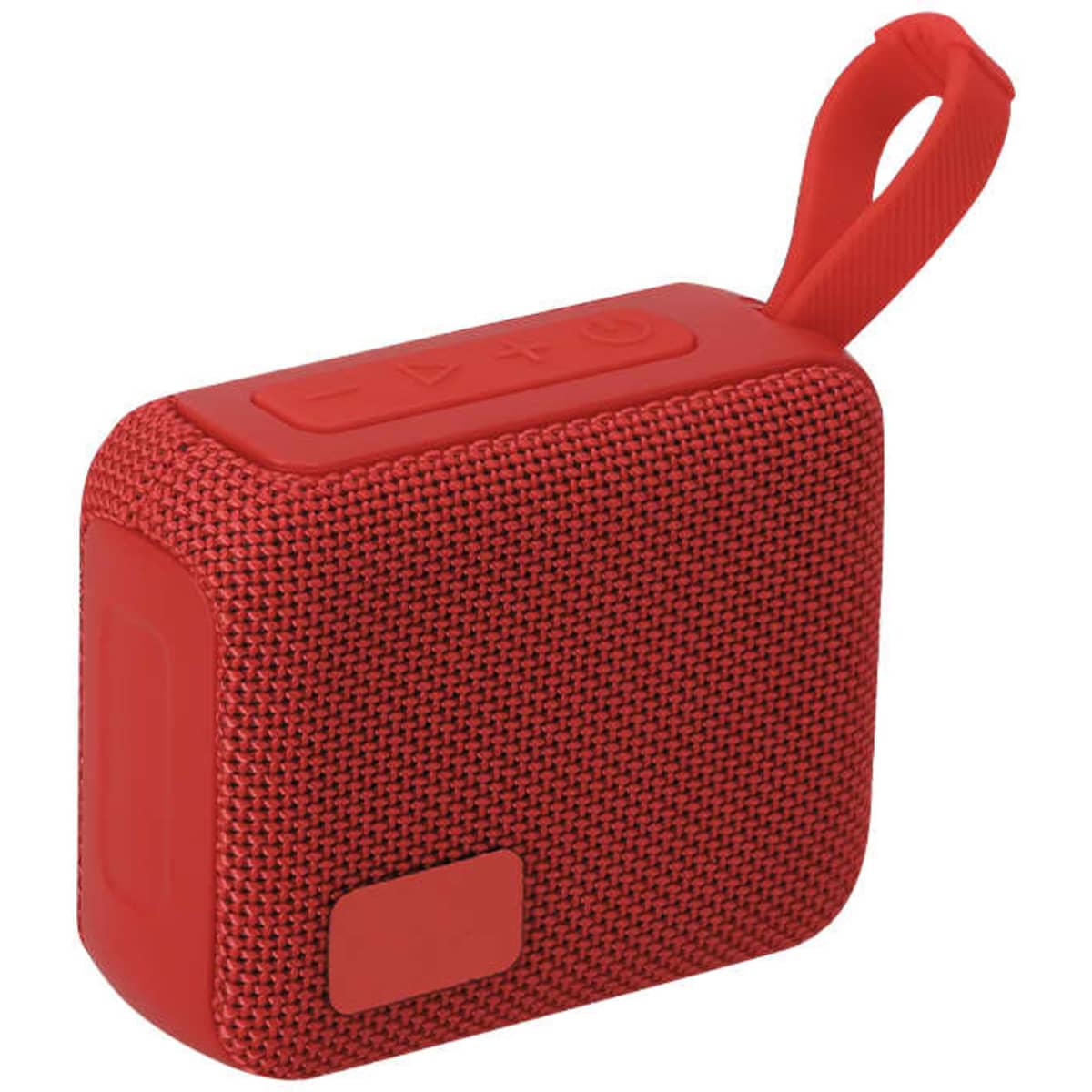 A red Bluetooth speaker with fabric texture and a carrying loop. It features control buttons on the top and a branding logo.