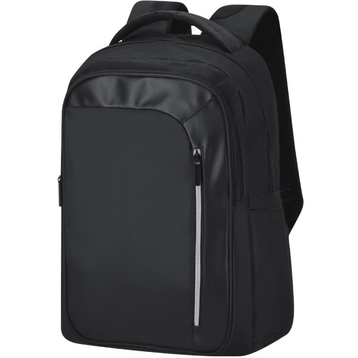 A black backpack with multiple compartments and a zippered front pocket, featuring adjustable shoulder straps.