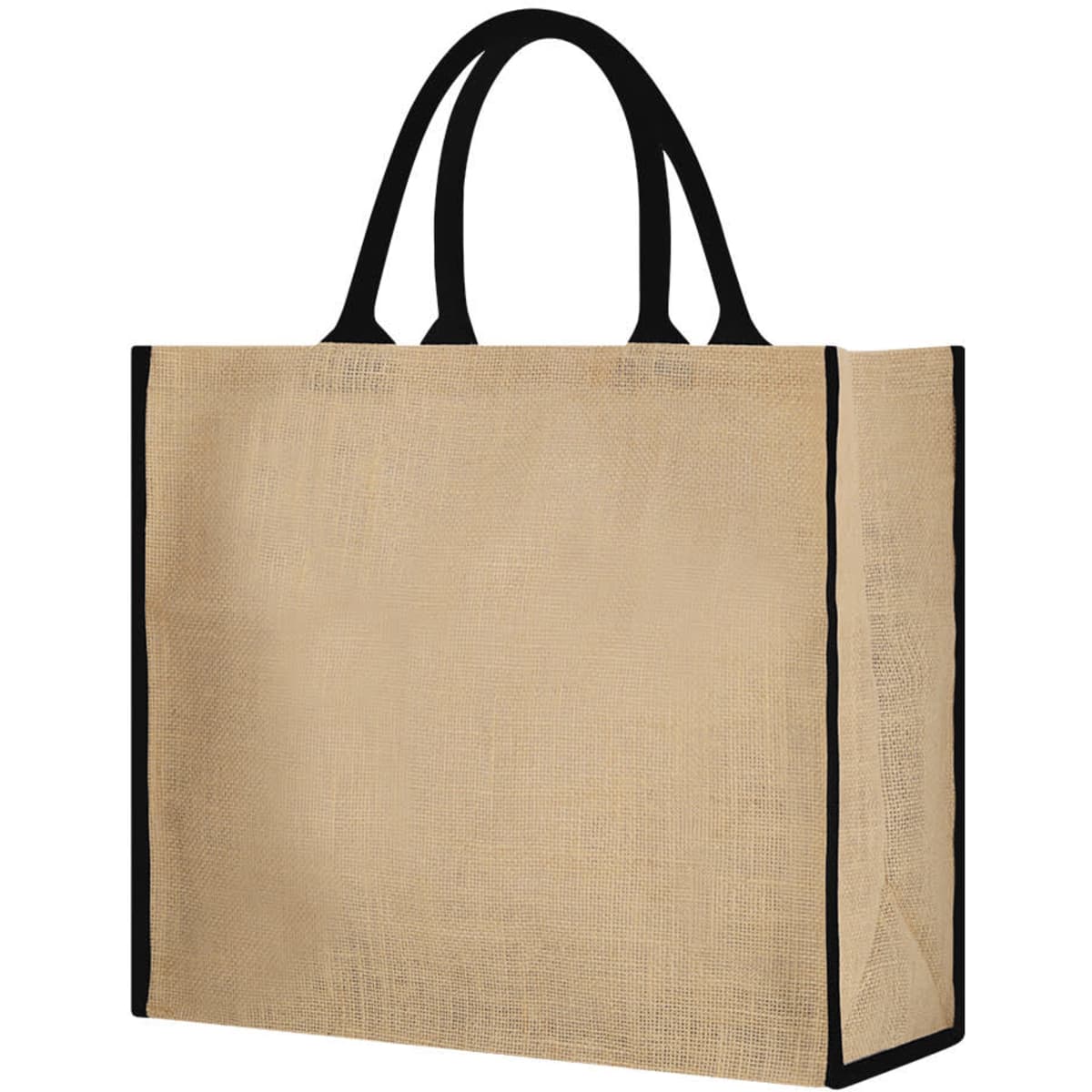 A beige tote bag with black handles and trim, featuring a simple, unembellished design.