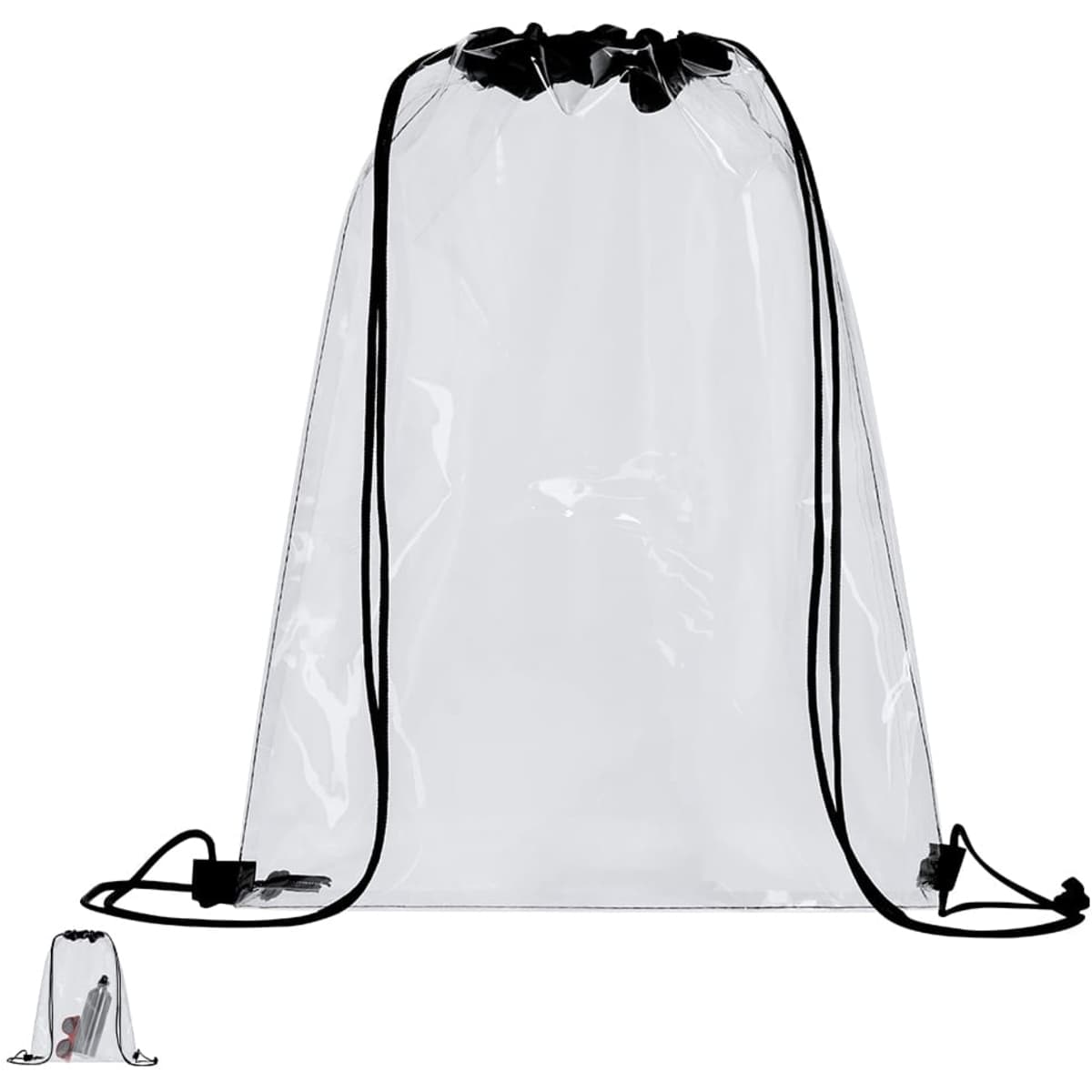 A clear drawstring bag with black cords, featuring a simple design and a small logo at the bottom.