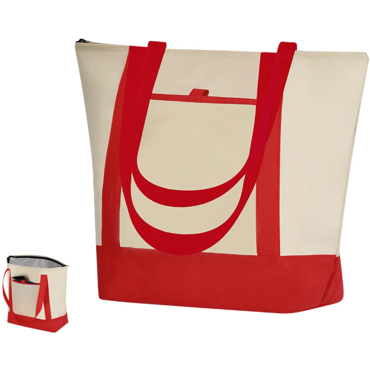 A cream and red cooler bag with dual handles and a zip closure, featuring a logo on the front.