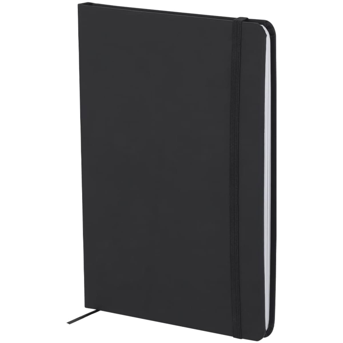 A black notebook with a black elastic band closure and a ribbon bookmark. It features a simple, sleek design.