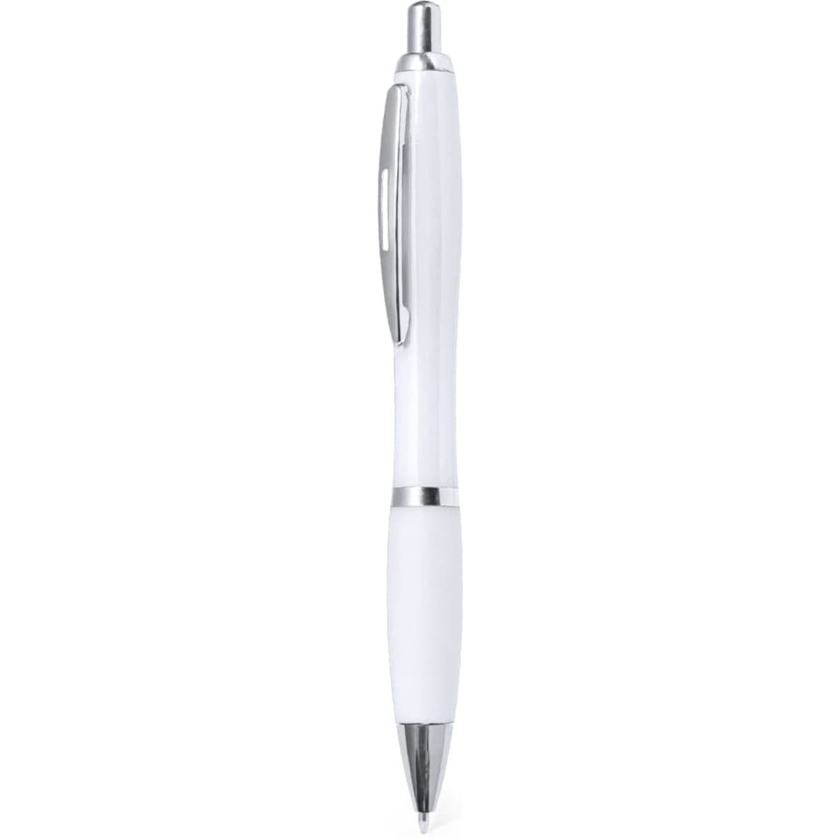 A white plastic pen with a silver clip and accents, featuring a logo on the body.