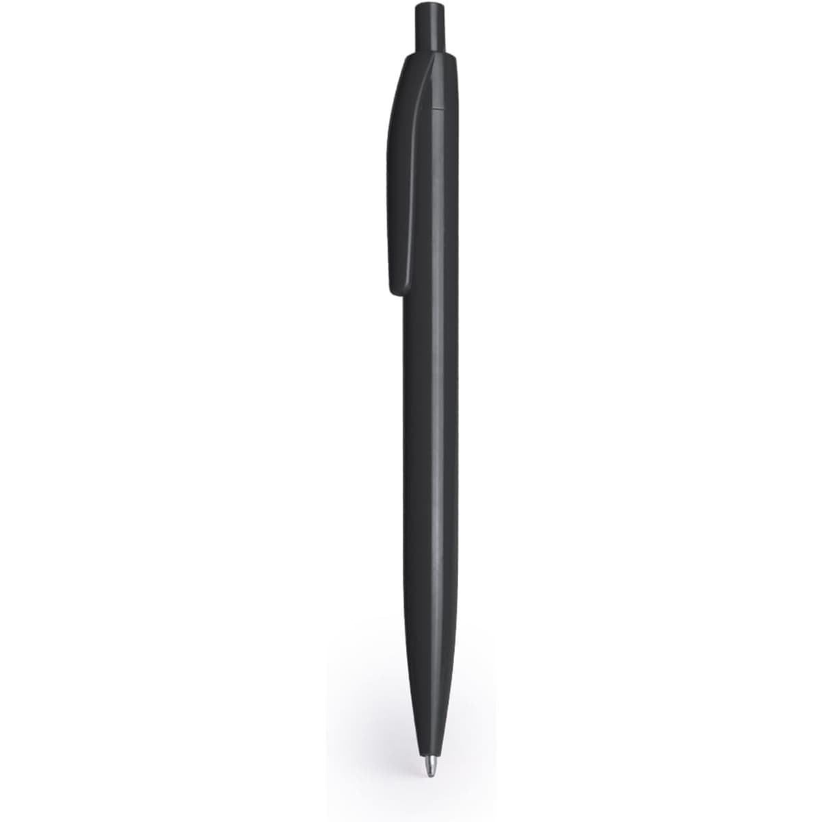 A black plastic pen with a click mechanism and a pocket clip. It features a logo on the barrel.