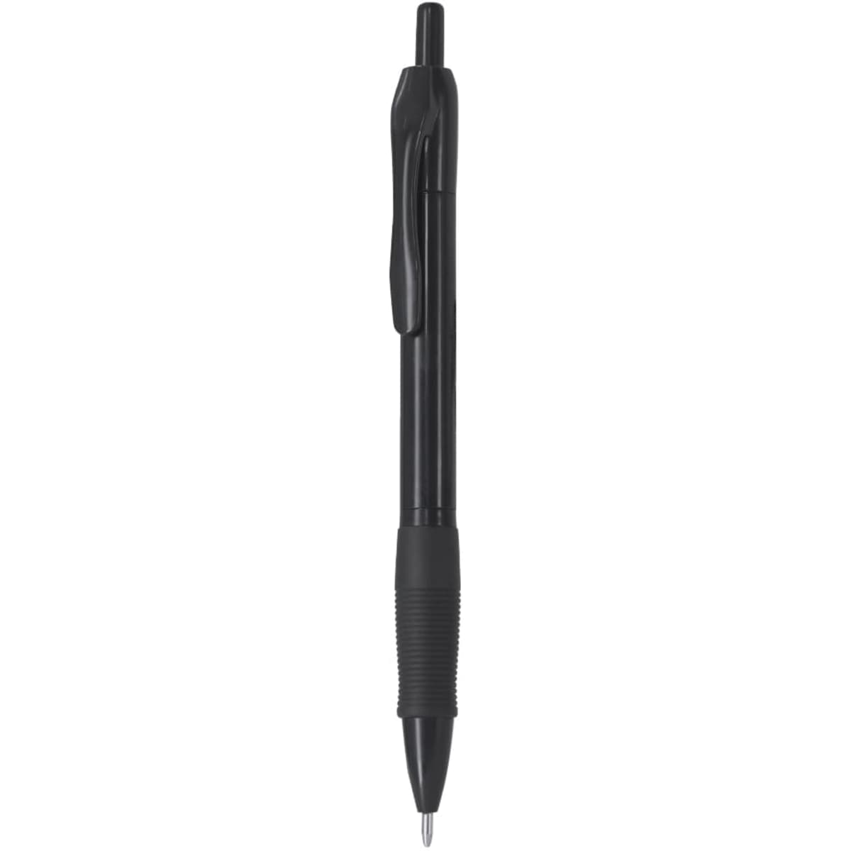 A black plastic pen with a textured grip and a clip for attachment, featuring a logo.