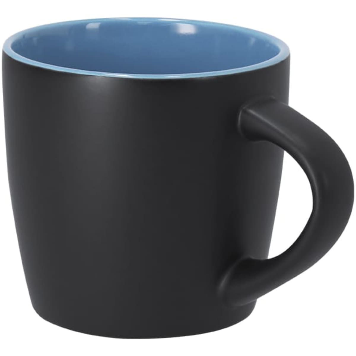 A coffee mug featuring a matte black exterior and a glossy blue interior, with a curved handle and branding.