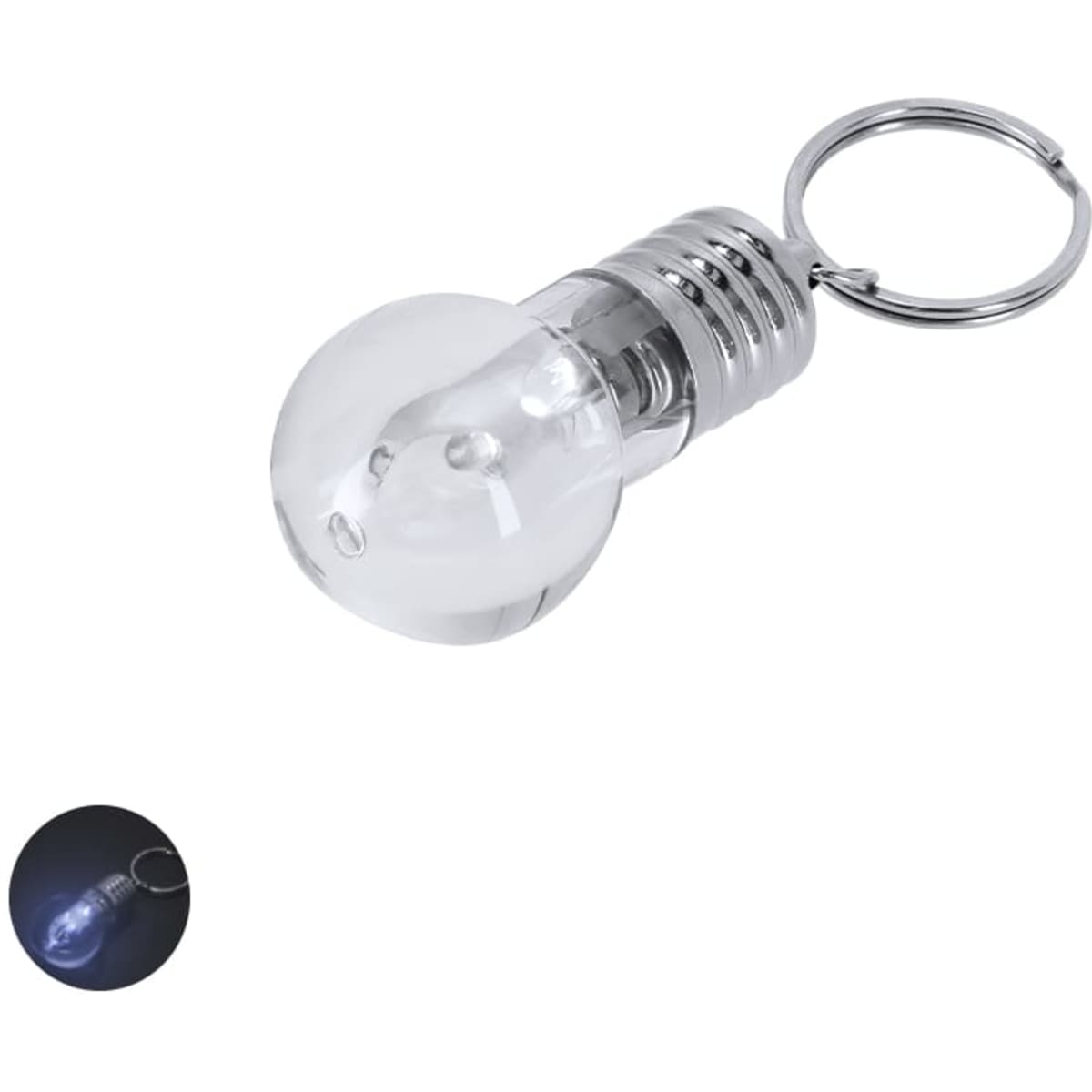 A silver and transparent keyring torch shaped like a light bulb, featuring a keyring attachment.