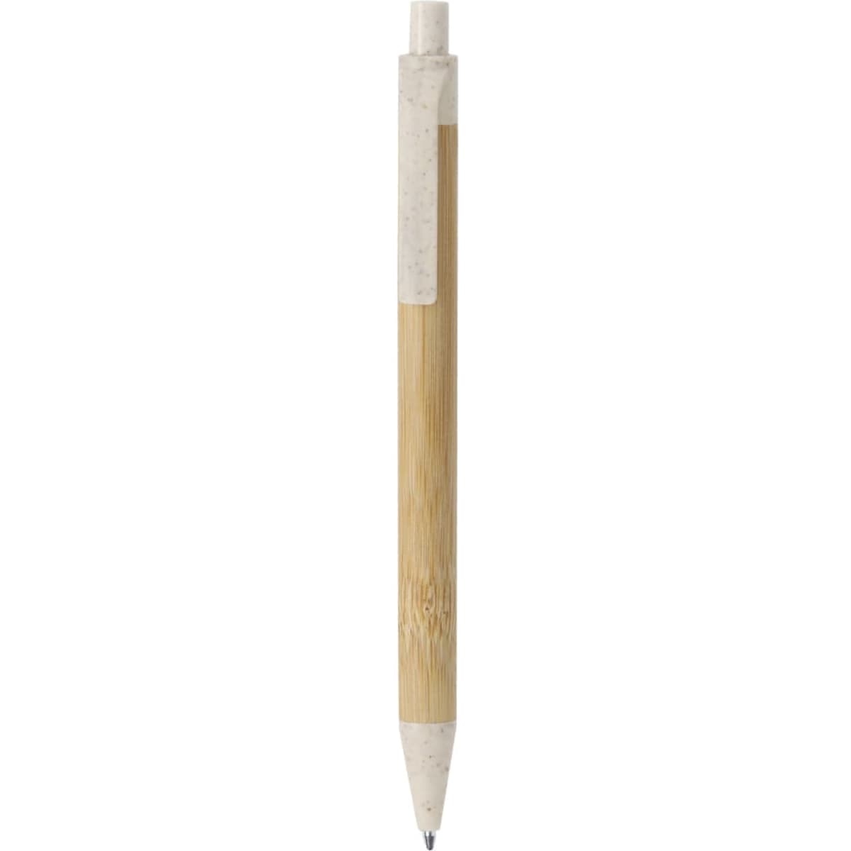 A wooden pen with a bamboo barrel and a light-coloured plastic clip, featuring a logo.
