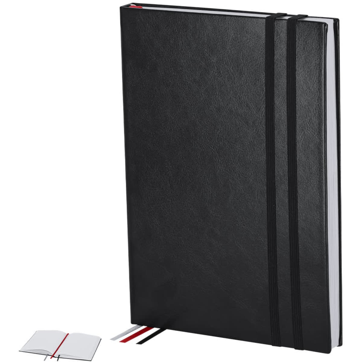 A black hardcover notebook with an elastic band and ribbon bookmarks, alongside a smaller open notebook.