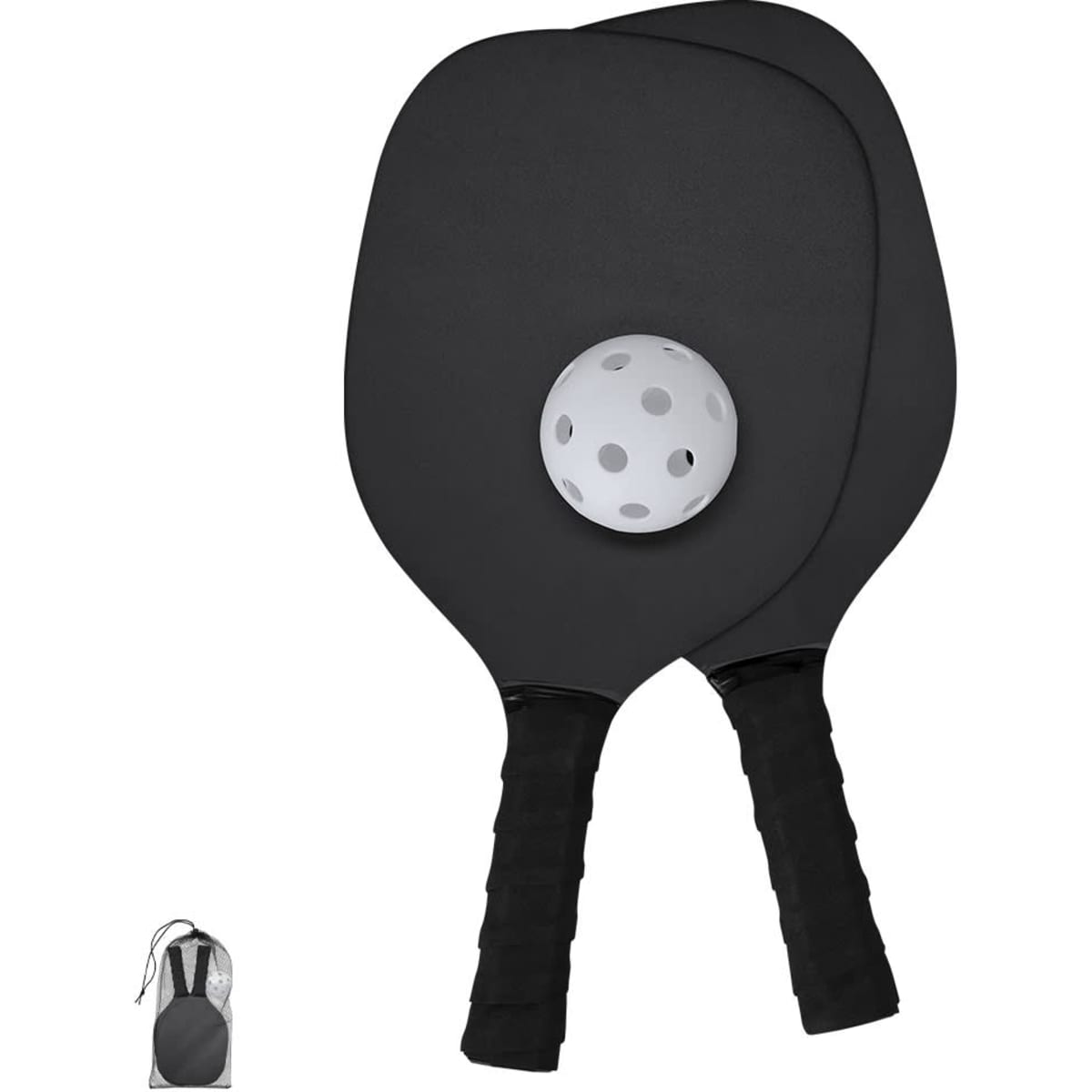 Two black beach rackets with a white perforated ball, accompanied by a storage bag.