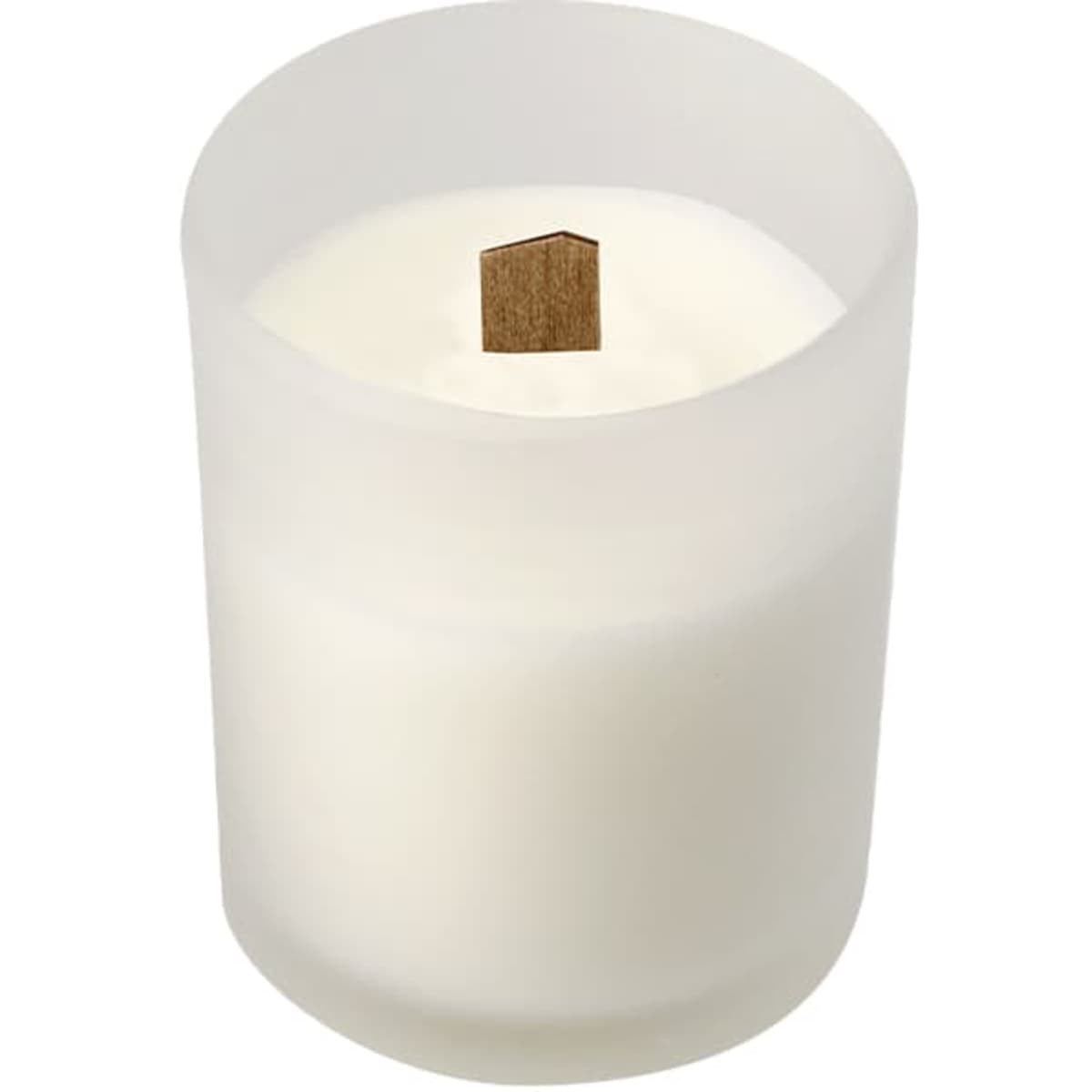 A white candle in a frosted glass container with a wooden wick. It has a smooth, minimalist design.