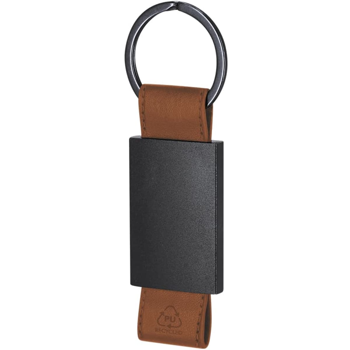 A keyring featuring a brown leather strap and a black metal rectangular tag, with a keyring attachment.