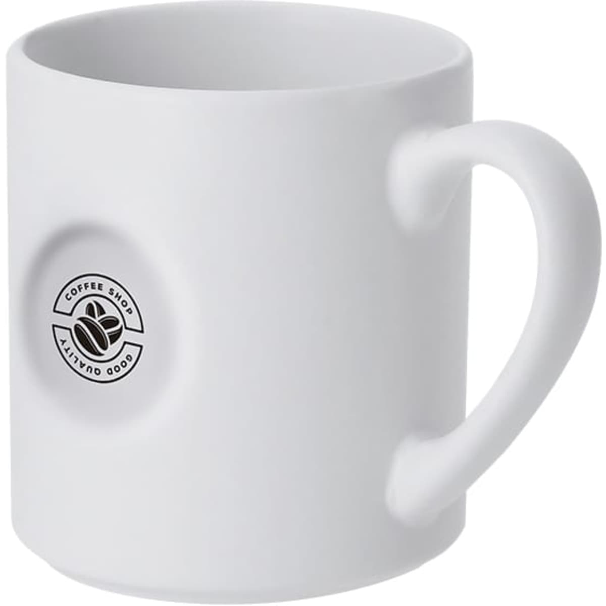 A white coffee mug with a rounded handle and a logo on the side. Ideal for hot beverages.