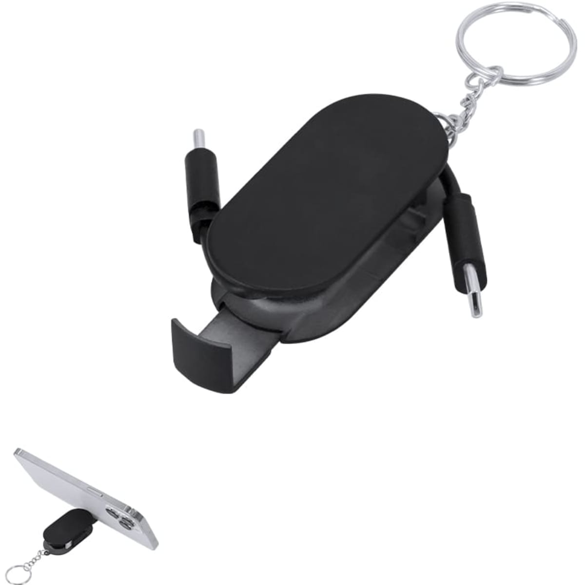 A black keychain charging cable with retractable connectors, featuring two different ends for versatile charging.