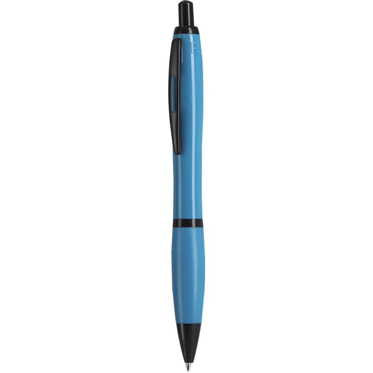 A blue plastic pen with black accents and a logo on the barrel.