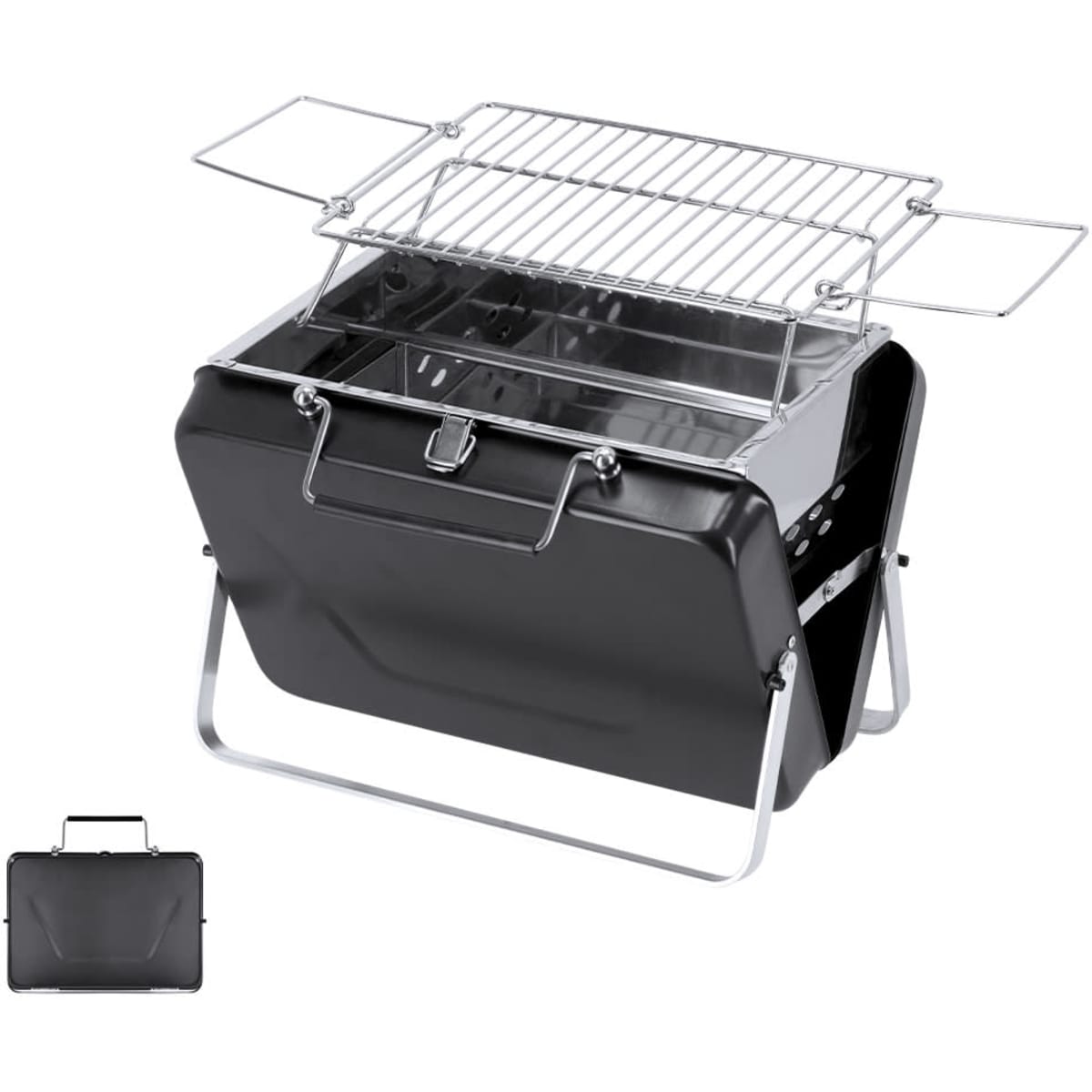 A portable black barbecue set with a folding design and chrome cooking grill included. Features a carrying handle.