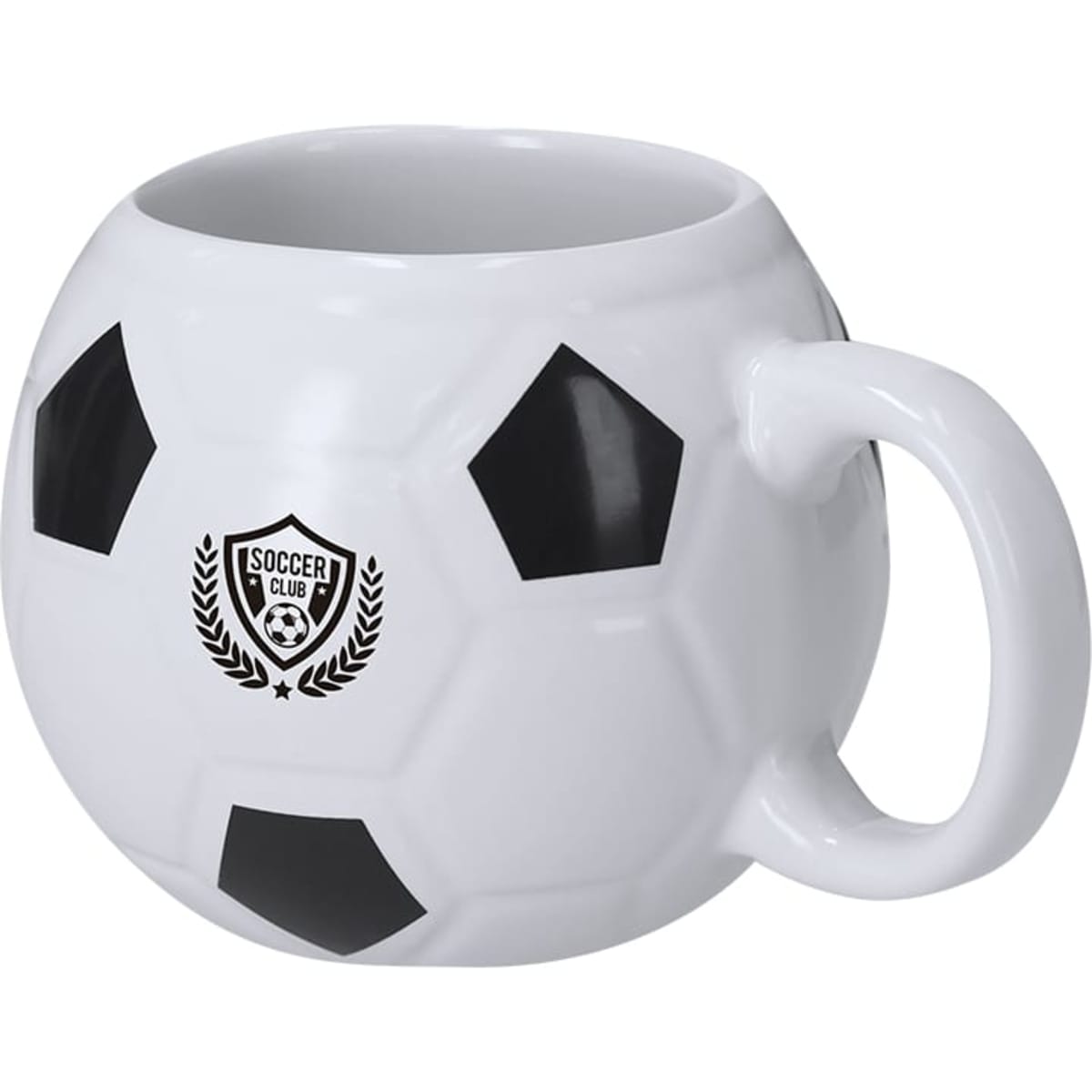 A white soccer ball-shaped mug with black pentagon and hexagon patterns, featuring a logo.