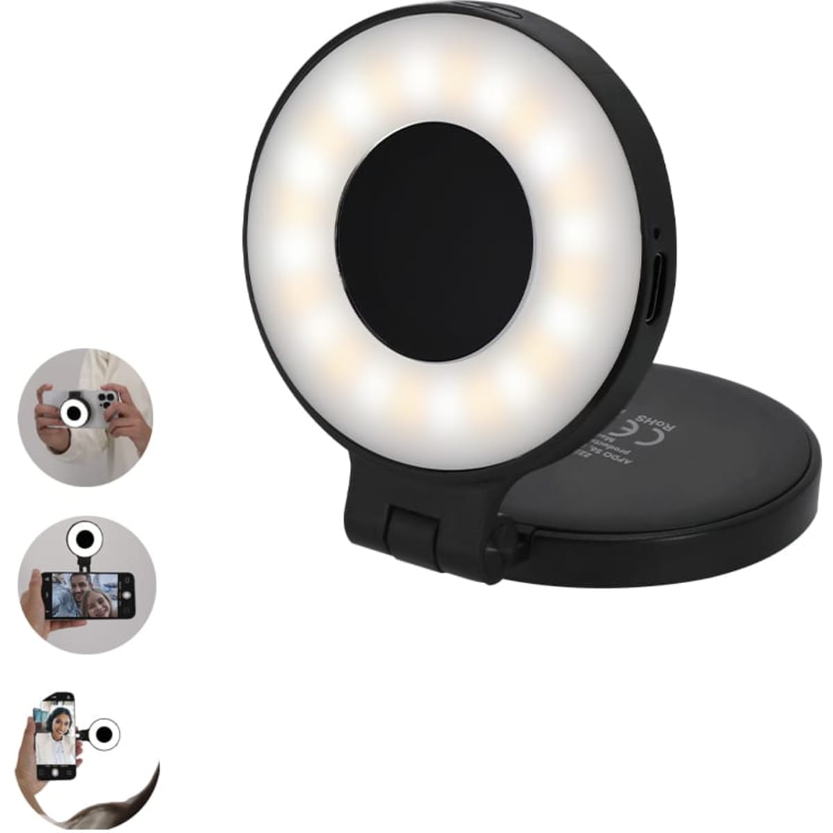 A portable ring light in black, designed for enhancing lighting during photo sessions, featuring a compact foldable design.