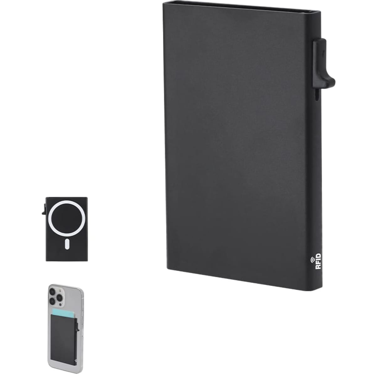 A sleek black wallet with an attached clip, featuring a logo, next to a phone with a card holder.