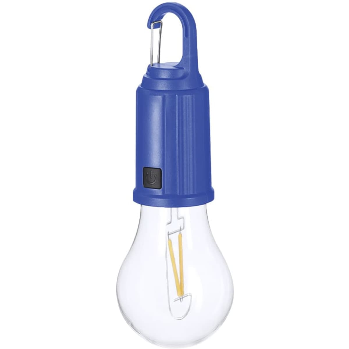 A blue portable light bulb with a hook for hanging and a clear glass bulb. It has a logo on the body.
