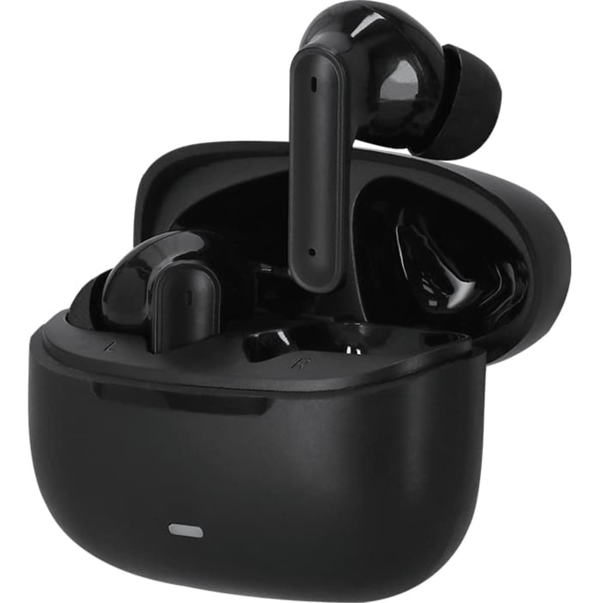 Black Cuita Wireless Earbuds displayed in their charging case, featuring a sleek design and a built-in logo.