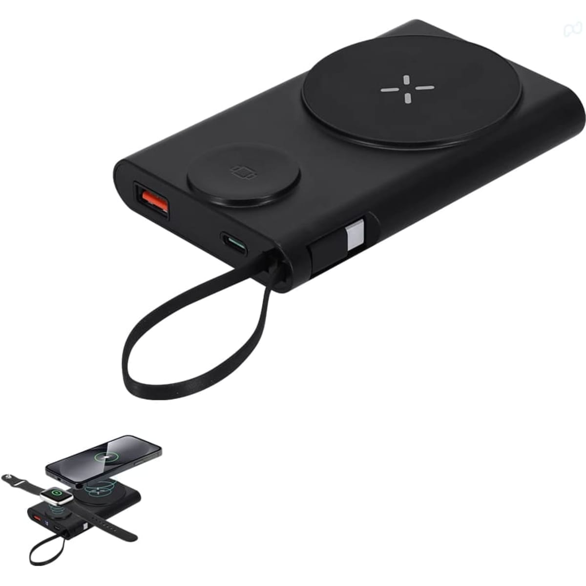 A black power bank featuring wireless charging and multiple USB ports, with a built-in strap for portability.