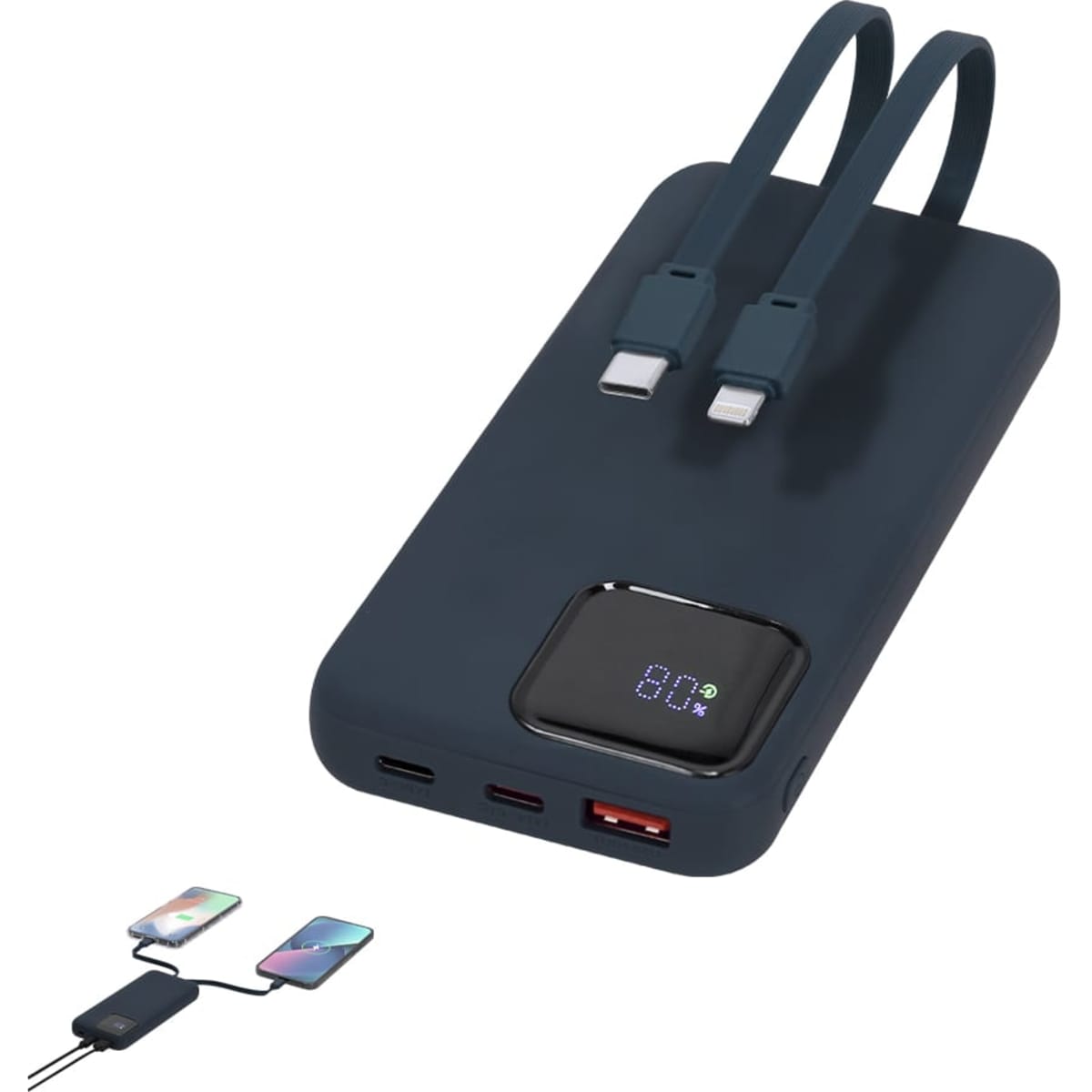 A navy power bank with two built-in charging cables and a digital display showing battery percentage.