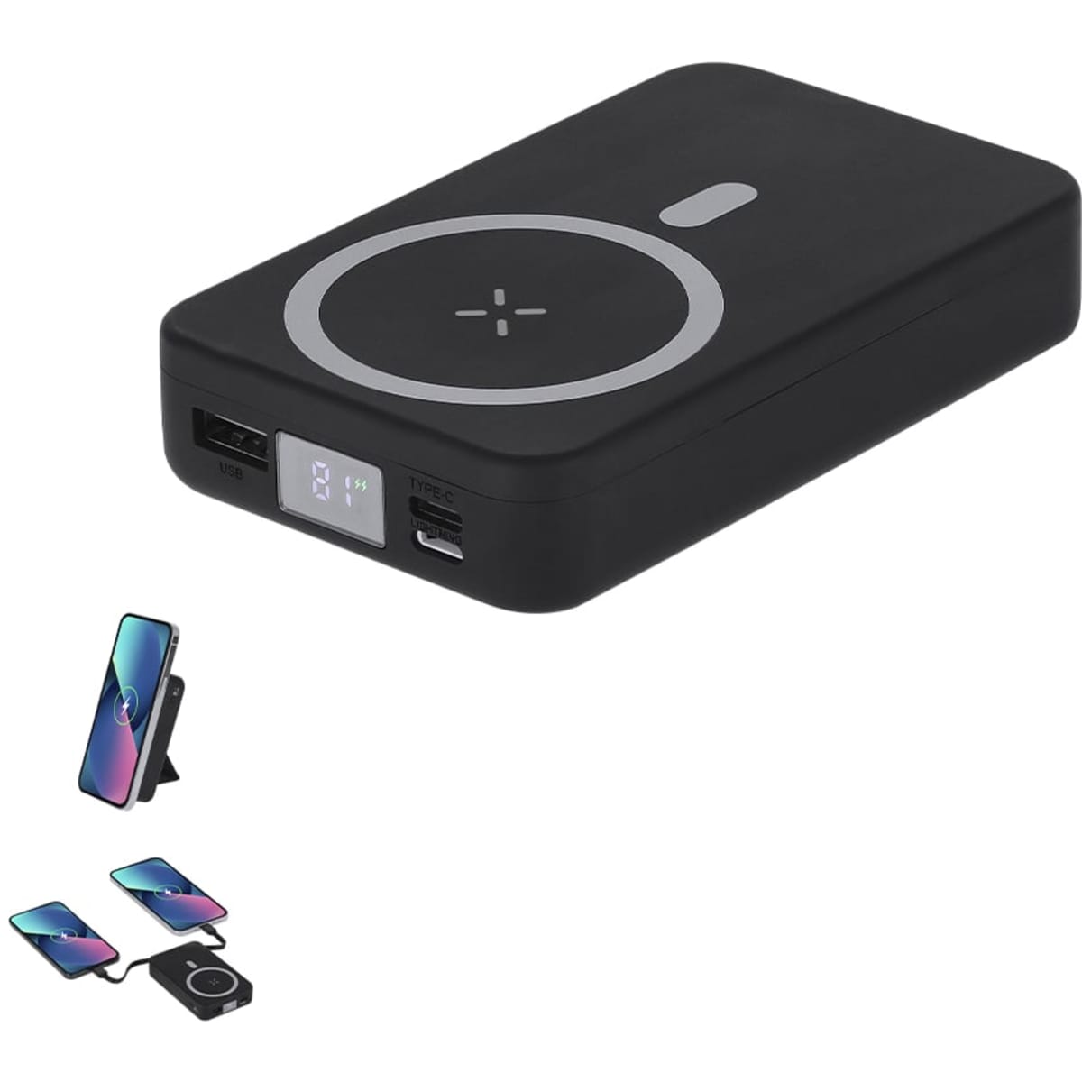 A black power bank with multiple USB ports, featuring a circular design and an LED display.