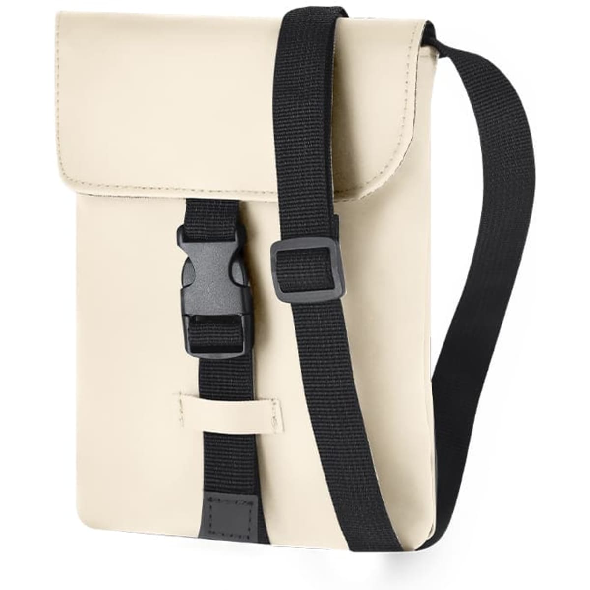 A beige bag with a flap, adjustable black strap, and a buckle closure. It features a logo on the front.