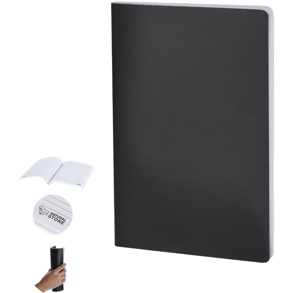 A black notebook with a smooth cover, featuring a logo, alongside an image of a hand holding a pen.