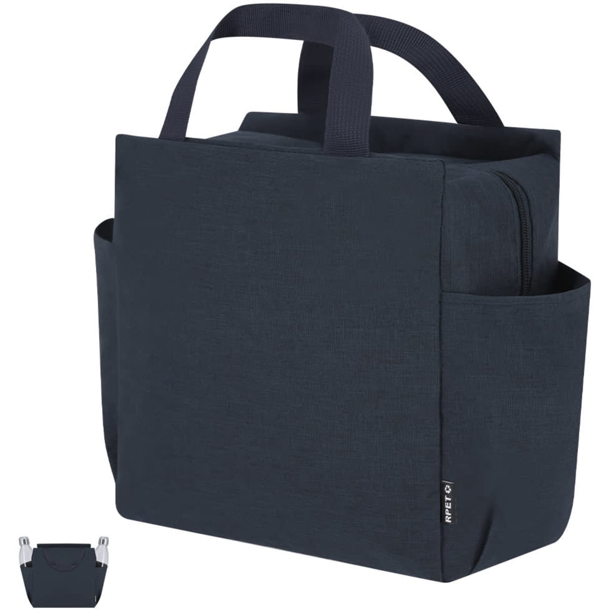 A navy blue cooler bag with two handles and a side pocket, featuring a simple design and branding.