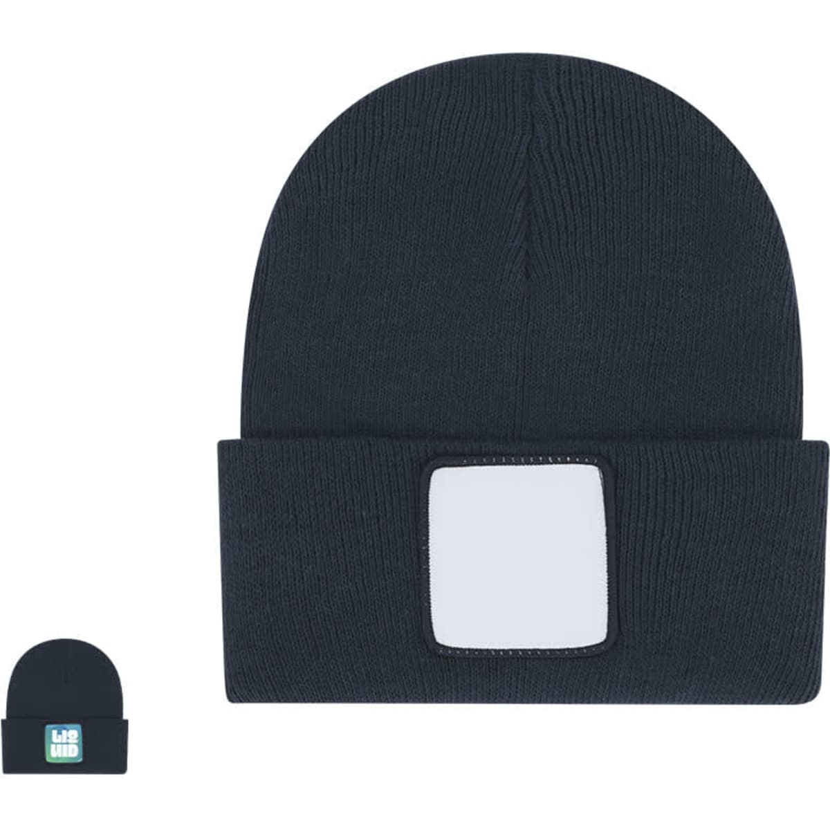 A dark navy beanie hat featuring a square patch and a smaller matching beanie with a logo.