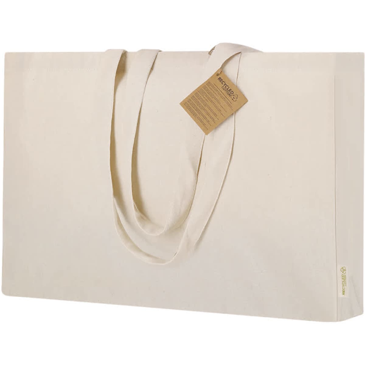 A large beige tote bag with two handles and a tag attached, featuring a logo.